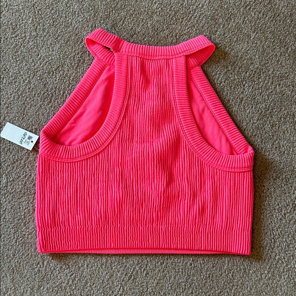 Aerie Neon Pink/Coral Ribbed Halter Crop Top - Picture 3 of 3